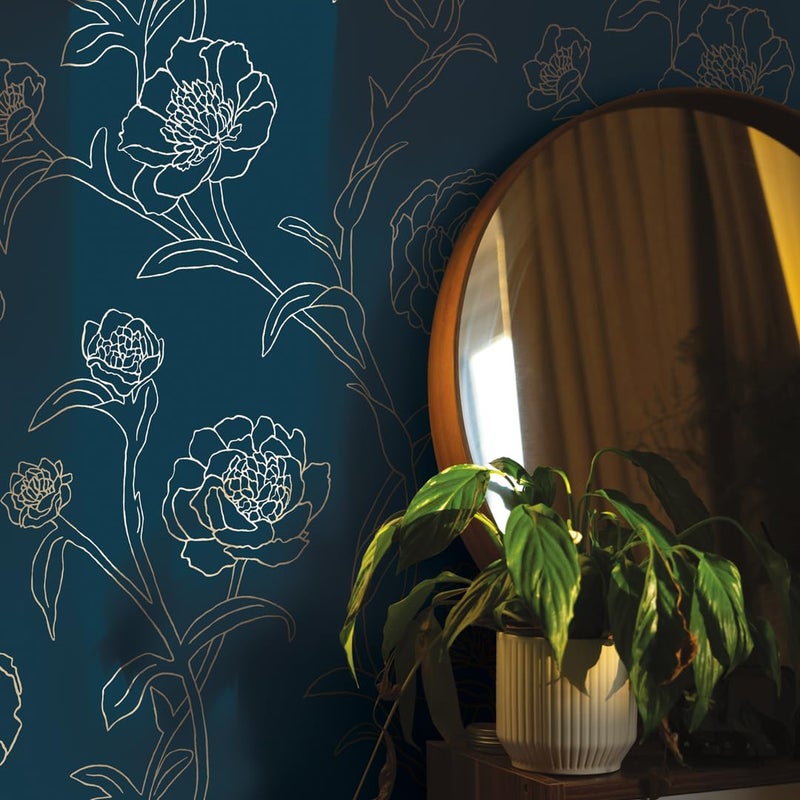 Tempaper Peacock Blue & Metallic Gold Peonies Removable Peel and Stick Floral Wallpaper, 20.5 in X 16.5 ft, Made in the USA - Image 4